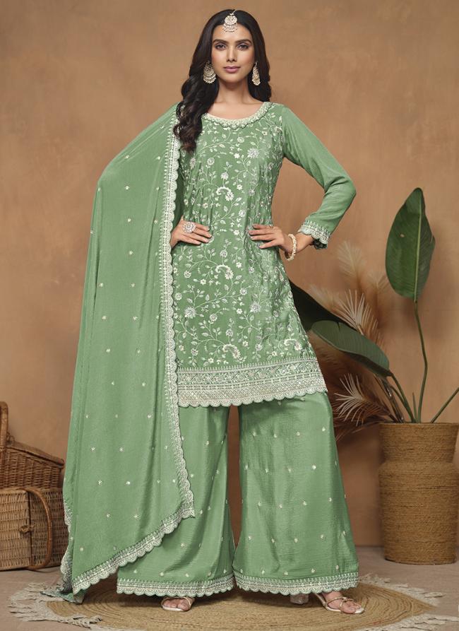 Chinnon Green Wedding Wear Sequins Work Plazzo Suit